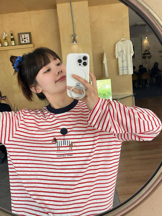 韩国订单气球腊肠狗条纹长袖T 商品图2