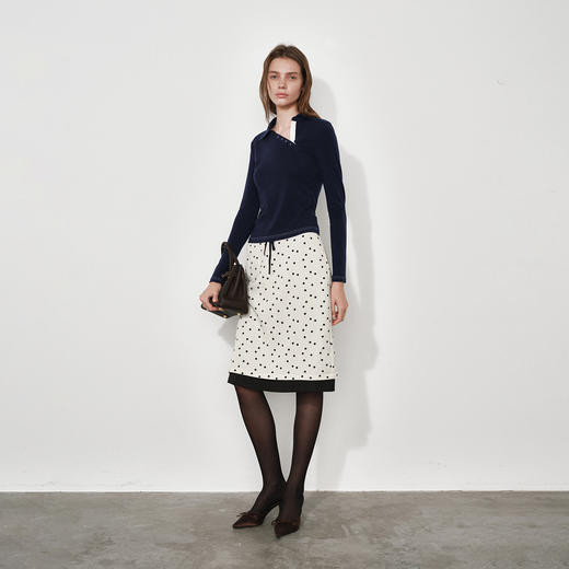 NUTH 修身显瘦正肩针织长袖T恤斜领弹力打底针织衫女 花灰/藏蓝 商品图6