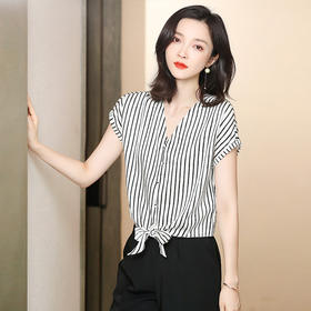 丁摩 真丝衬衫女士新款夏季V领短袖格纹别致设计感小众上衣5ZF-3358