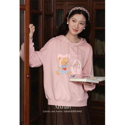 鹿向南「云朵洛丽」可爱小熊粉色连帽卫衣女初秋宽松百搭长袖上衣 商品图3