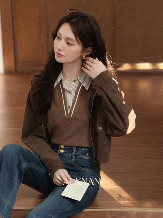 鹿向南「朗姆热可」复古咖色假俩件衬衫女秋季新款设计感长袖上衣 商品图4