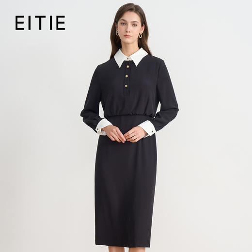 EITIE爱特爱精致通勤撞色翻领收腰包臀一步裙连衣裙2025秋季新款连衣裙C2507832 商品图0