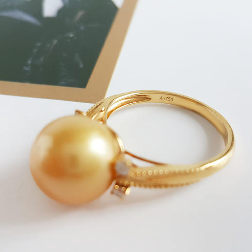 【天然正品】AU750黄金镶钻镶天然近完美约11.5MM浓金色南洋海水金珠戒指戒圈：17号（戒圈可改）女士现售价：3880！060825XY11 商品图6