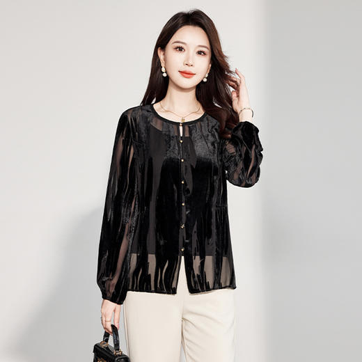 丁摩 新中式早秋真丝丝绒显瘦纯色上衣气质黑色国风拼接长袖女小衫5ZF-6329 商品图0
