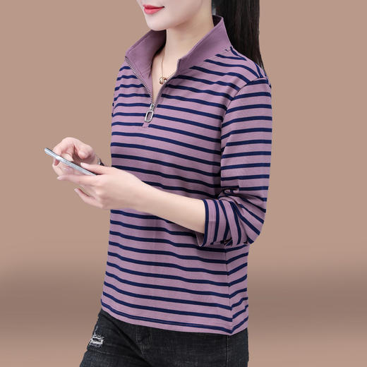 百媚生 95棉条纹长袖T恤女春秋立领上衣服5653 商品图0