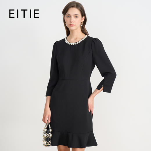EITIE爱特爱千金气质钉珠圆领小香风鱼尾黑色2025秋季新款连衣裙C2507826 商品图0