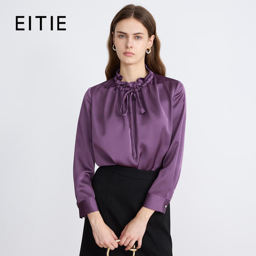 【紫色缎面衬衫】EITIE爱特爱气质抽绳木耳领直筒显瘦2025秋新款上衣C2513826 商品图0