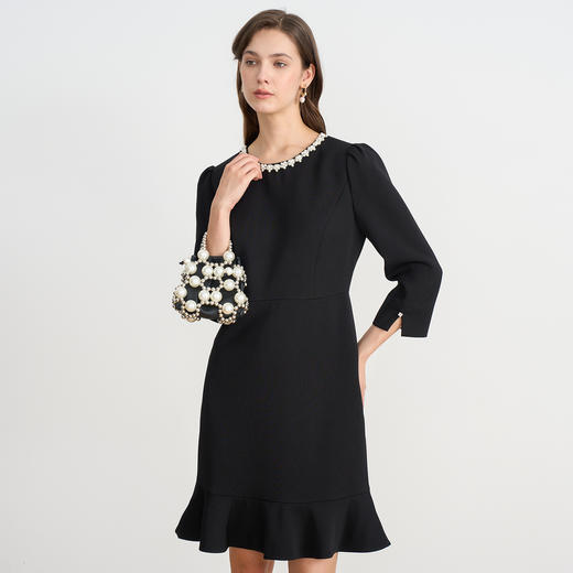 EITIE爱特爱千金气质钉珠圆领小香风鱼尾黑色2025秋季新款连衣裙C2507826 商品图1