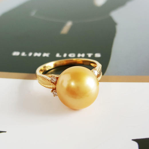 【天然正品】AU750黄金镶钻镶天然近完美约11.5MM浓金色南洋海水金珠戒指戒圈：17号（戒圈可改）女士现售价：3880！060825XY11 商品图4