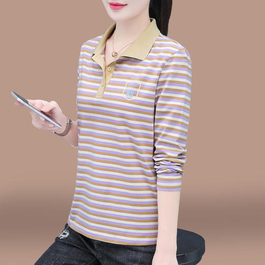 百媚生 95棉翻领条纹女士长袖T恤850 商品图5