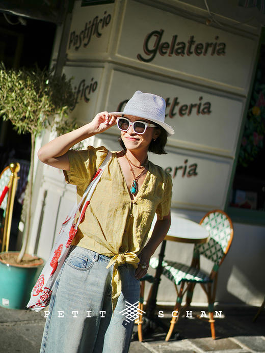 PETIT SCHAN小闪 CLO#882 Jubilant 欢腾 法式纯亚麻V领泡泡袖系带小衫 商品图0