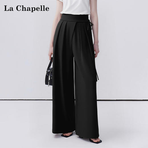 天猫同步【版型赞！垂感显瘦】拉夏贝尔/La Chapelle交叉系带双扣阔腿裤女高腰压褶通勤时尚高级感休闲裤 商品图3
