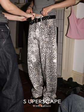 素舶 全棉斜纹豹纹印花中高腰宽松休闲阔腿牛仔裤SUPERSCAPE
