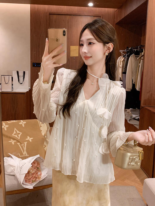 张心子【香香少女】立体钉珠V领挂脖长袖雪纺衫女秋新款百搭上衣 U2508025 商品图10