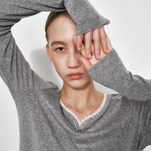 NUTH修身显瘦弹力长袖针织t恤女蕾丝边领口针织上衣 商品图8