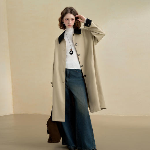 西遇复古灯芯绒拼接撞色风衣外套女秋季廓形宽松显瘦长款大衣V2951179 商品图0