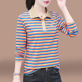 百媚生 95棉翻领条纹女士长袖T恤850