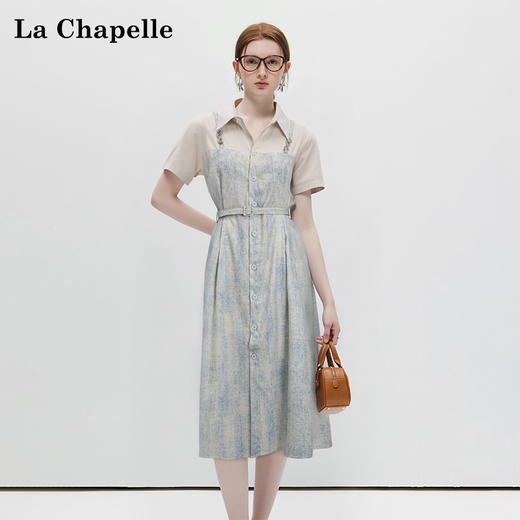 会员福利【官网700+高品质】拉夏贝尔/La Chapelle翻领拼接假两件短袖连衣裙女小众设计感时尚长裙2025新款 商品图3
