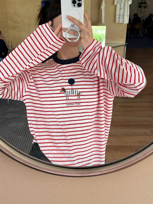 韩国订单气球腊肠狗条纹长袖T 商品图1