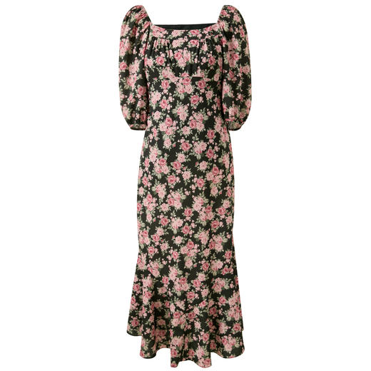 三彩2025秋季新款法式方领连衣裙碎花雪纺裙荷叶边A字长裙M 商品图4