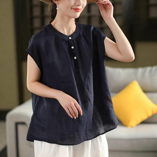 丁摩 夏季复古双支苎麻衬衫女纯色套头衫薄款衬衣上衣5ZF-25196 商品图2