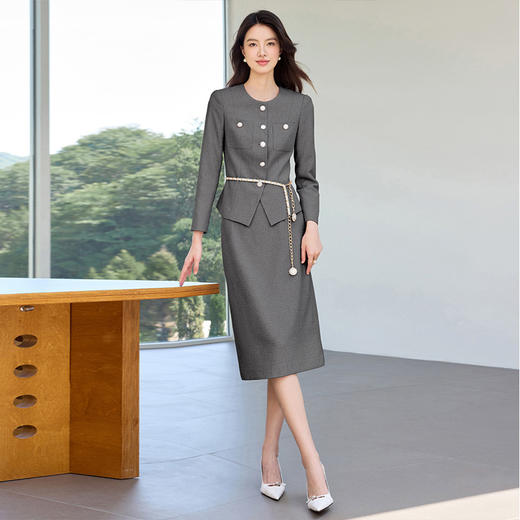 IWY/气质名媛灰色西装套裙女秋季新款高级感圆领小香风职业套装WCS117 商品图3
