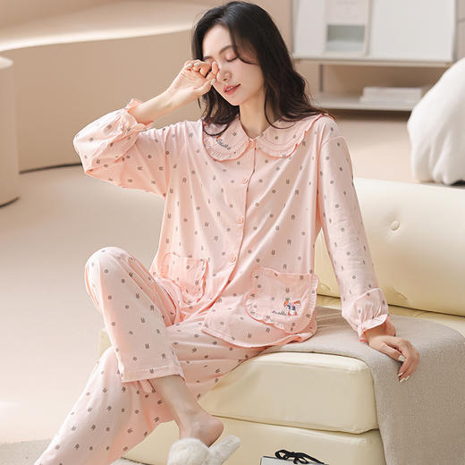 雀说 纯棉公主风睡衣女秋季长袖长裤翻领开衫可外穿家居服套装 商品图3
