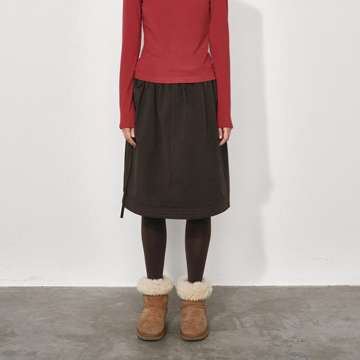 NUTH复古拼接半身裙双腰头中长款a字伞裙女 棕咖色 商品图4