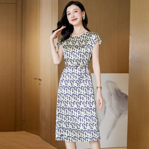 丁摩 夏季圆领时尚印花气质优雅真丝短袖连衣裙系带简约裙子5ZF-23062 商品图3