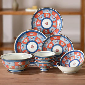 有谷窑 宜得利家居 釉下彩日本制陶瓷耐热碗盘餐具套装可洗碗机 市松雀