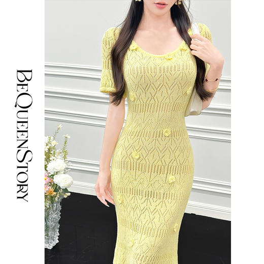 余潇潇【午后记忆】手工钩花大圆领镂空针织鱼尾短袖连衣裙夏 商品图2
