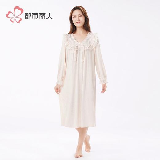 都市丽人睡衣女针织提花睡衣女士家居服长袖裙棉质睡裙LHH6H2 商品图1