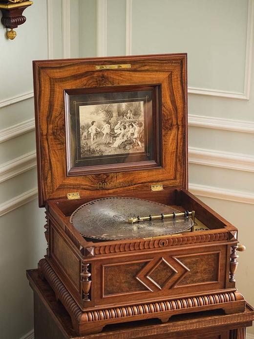 独角鹿西洋古董德国著名音乐盒工坊Polyphon出品花卉主题细木镶嵌胡桃木外箱转盘式带柜碟片音乐盒 商品图2