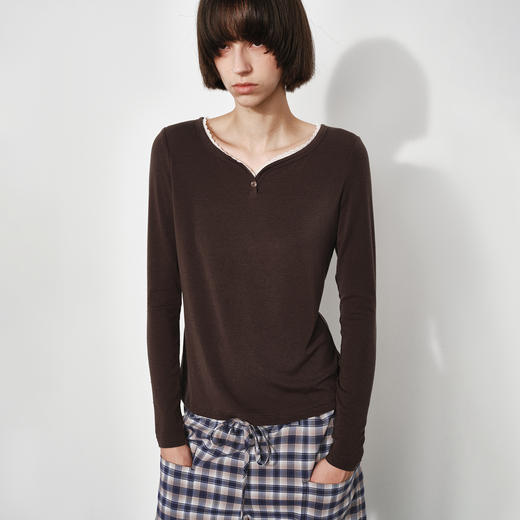 NUTH修身显瘦弹力长袖针织t恤女蕾丝边领口针织上衣 商品图7