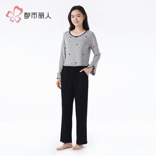 都市丽人睡衣螺纹抽条睡衣女士家居服长袖长裤棉质套装LHH2K9 商品图2