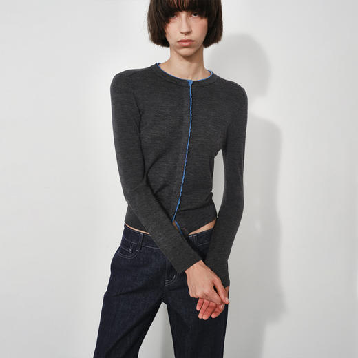 NUTH  可机洗100%纯羊毛撞色灰色修身短款长袖针织开衫女（发货时间同步天猫） 商品图4