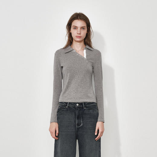 NUTH 修身显瘦正肩针织长袖T恤斜领弹力打底针织衫女 花灰/藏蓝 商品图7