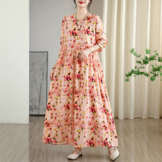 雀说 宽松大码女装印花度假风圆领文艺复古长款连衣裙 商品图10