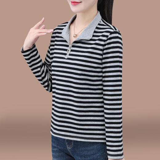 百媚生 95棉条纹长袖T恤女春秋立领上衣服5653 商品图3