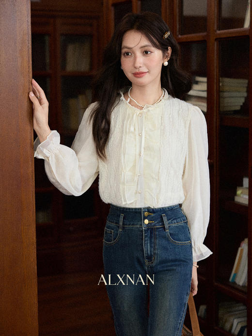 鹿向南「凡尔初秋」法式杏色木耳边长袖衬衫女秋显瘦气质减龄上衣 商品图2