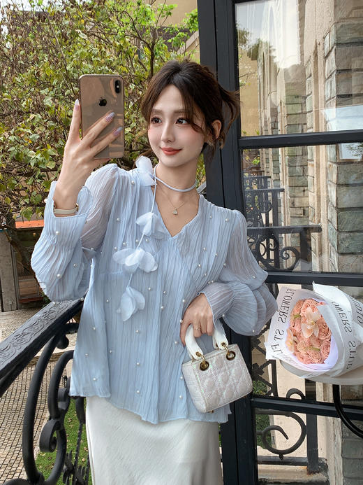 张心子【香香少女】立体钉珠V领挂脖长袖雪纺衫女秋新款百搭上衣 U2508025 商品图8