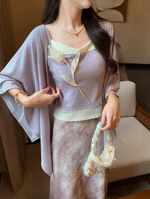 张心子【柔光铃兰】立体设计花拼接吊带披肩开衫气质套装女秋新款 U2508013 商品图10