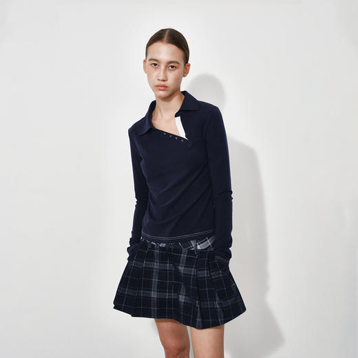 NUTH 修身显瘦正肩针织长袖T恤斜领弹力打底针织衫女 花灰/藏蓝 商品图9