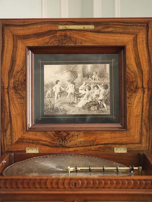 独角鹿西洋古董德国著名音乐盒工坊Polyphon出品花卉主题细木镶嵌胡桃木外箱转盘式带柜碟片音乐盒 商品图5