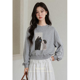 鹿向南「猫系女孩」灰色卡通动漫长袖卫衣女秋季新款百搭宽松上衣