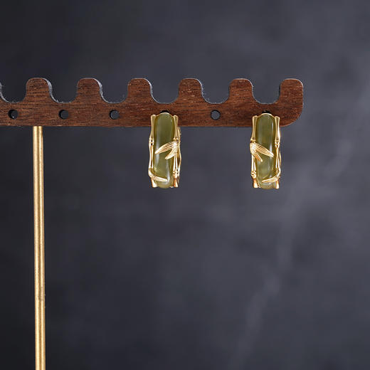 子佩集S925银【圆满竹福】耳环【EJ00461】纯银古法银扣环圆圈镀金青玉2507 商品图4