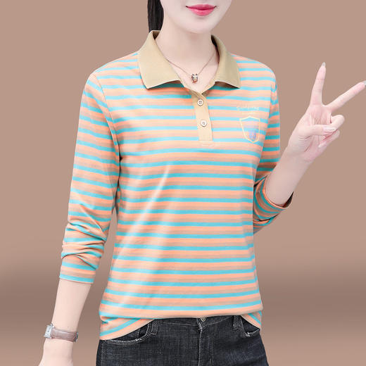 百媚生 95棉翻领条纹女士长袖T恤850 商品图7