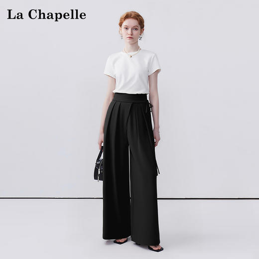 天猫同步【版型赞！垂感显瘦】拉夏贝尔/La Chapelle交叉系带双扣阔腿裤女高腰压褶通勤时尚高级感休闲裤 商品图1