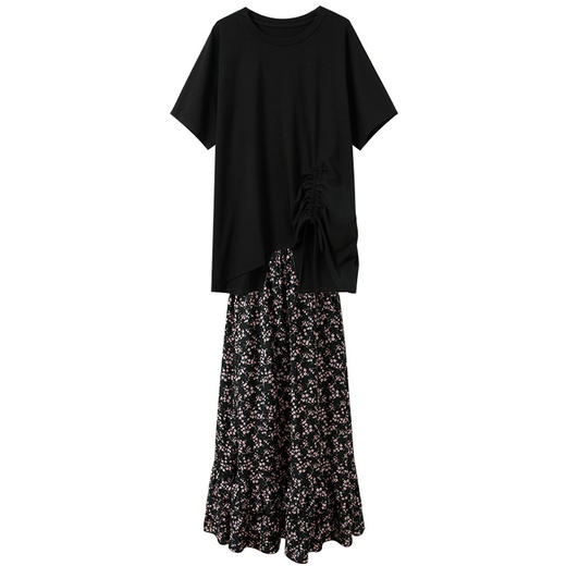 三彩2025秋季新款休闲套装宽松套头T恤碎花半身裙长裙两件套S 商品图4