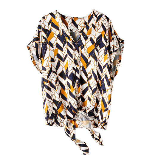 丁摩 真丝衬衫女士新款夏季V领短袖格纹别致设计感小众上衣5ZF-3358 商品图4